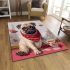 Curious pug with coffee and flowers area rugs carpet