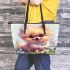 Cute adorable fluffy pomeranian with big eyes leather tote bag