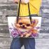 Cute adorable pomeranian puppy with fluffy fur leather tote bag