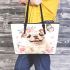 Cute and happy english bulldog puppy with pink roses leather tote bag