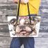 Cute and happy english bulldog puppy with pink roses leather tote bag