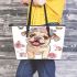 Cute baby english bulldog dog wearing a flower crown and butterfly leather tote bag