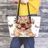 Cute baby english bulldog dog wearing a flower crown and butterfly leather tote bag