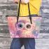 Cute baby owl with big eyes pink and purple colors leather tote bag
