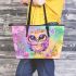 Cute baby owl with big eyes pink and purple colors leather tote bag