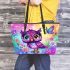 Cute baby owl with big eyes wearing pink and purple dress leather tote bag