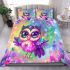 Cute baby owl with big eyes wearing pink and purple dress bedding set