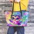 Cute baby owl with big eyes wearing pink and purple dress leather tote bag