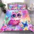 Cute baby owl with big eyes wearing pink and purple dress bedding set