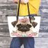 Cute baby pug dog with pink roses leather tote bag