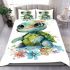 Cute baby turtle with big eyes and colorful flowers bedding set