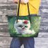 Cute baby white pomeranian with blue eyes leather tote bag