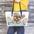 Cute baby yorkshire terrier dog leather tote bag