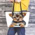 Cute baby yorkshire terrier portrait clipart leather tote bag