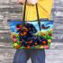 Cute black and tan dachshund in the garden with colorful tulips leather tote bag