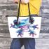 Cute blue and pink colored alien frog with big eyes leaather tote bag