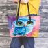 Cute blue owl with big eyes cartoon style leather tote bag