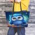 Cute blue owl with big eyes cartoon style leather tote bag