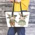 Cute bunny couple holding hands leather tote bag