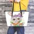 Cute bunny with big eyes and a purple bow leather tote bag