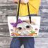 Cute bunny with big eyes and purple bow leather tote bag