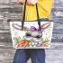 Cute bunny with big eyes and purple bow leather tote bag