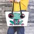 Cute cartoon alien frog with big eyes leaather tote bag