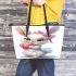 Cute cartoon bunny with a pink bow holding a heart leather tote bag