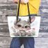 Cute cartoon bunny with big eyes and flowers leather tote bag