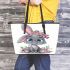 Cute cartoon bunny with big eyes and flowers leather tote bag