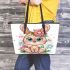 Cute cartoon bunny with big eyes and flowers leather tote bag