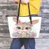 Cute cartoon bunny with big eyes sitting on the flowers leather tote bag