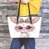 Cute cartoon bunny with pink heart shaped glasses leather tote bag