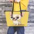 Cute cartoon chihuahua smiling leather tote bag