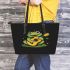 Cute cartoon frog playing guitar in a simple drawing leaather tote bag