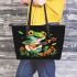 Cute cartoon frog playing guitar in a simple flat style design leaather tote bag