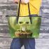 Cute cartoon frog sitting on a tree stump leaather tote bag