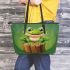 Cute cartoon frog sitting on a tree stump leaather tote bag