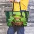 Cute cartoon frog sitting on a tree stump with big eyes leaather tote bag