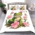 Cute cartoon frog sitting on the ground with pink flowers bedding set