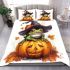 Cute cartoon frog wearing a witch hat sitting on a pumpkin bedding set