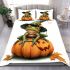 Cute cartoon frog wearing a witch hat sitting on a pumpkin bedding set