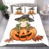 Cute cartoon frog wearing a witch's hat sitting on a pumpkin bedding set