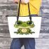 Cute cartoon frog with big eyes leaather tote bag