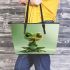 Cute cartoon frog with big eyes and hands leaather tote bag