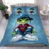 Cute cartoon green frog sitting on top of white sneakers bedding set