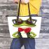 Cute cartoon green frog wearing sunglasses leaather tote bag