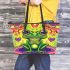 Cute cartoon green frog with big eyes leaather tote bag