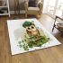 Cute cartoon owl wearing a green beret sitting on books area rugs carpet