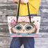 Cute cartoon owl with a pink bow on its head leather tote bag